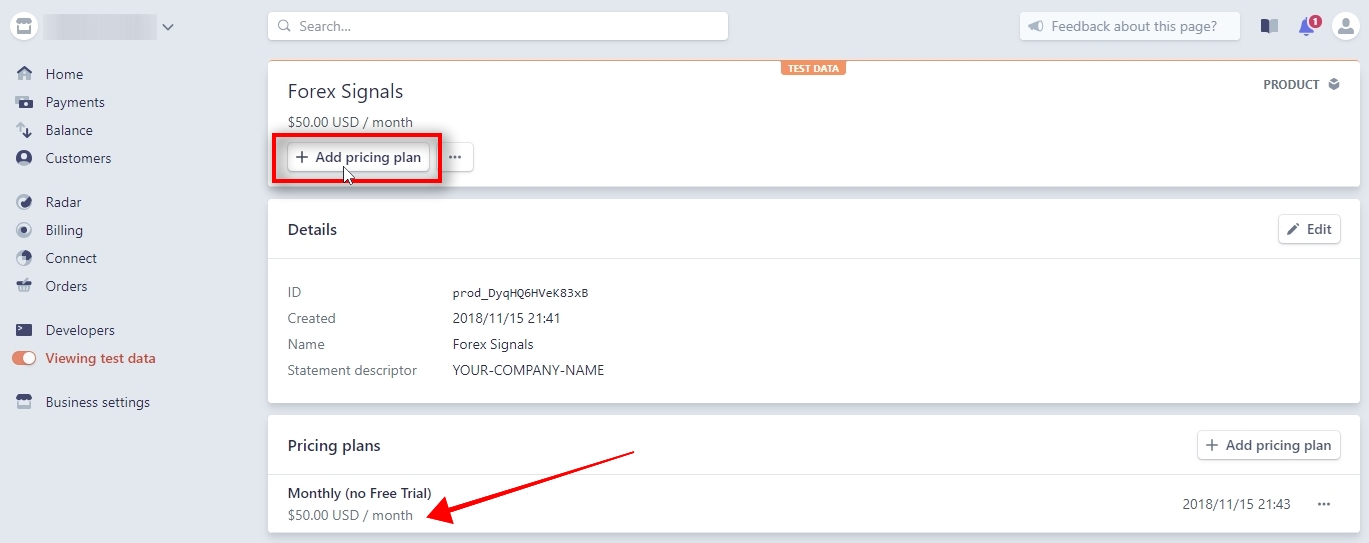 Our first pricing plan was created, and we land on the Forex Signals product page. We can see all plans there in the Pricing plans section. Let's add two more pricing plans. Click on + Add pricing plan.