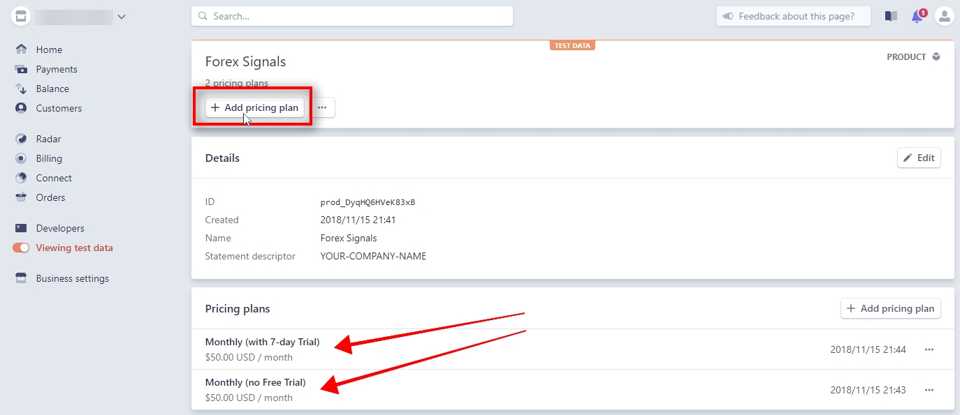 Now we have two pricing plans created in Test mode. Click on + Add pricing plan to create the 3rd pricing plan.