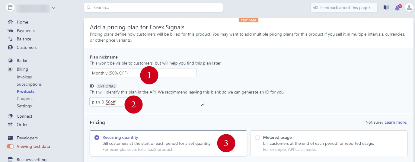 For the third pricing plan, we'll use a nickname Monthly (50% OFF) and an ID plan_3_50off to make it easy to remember.