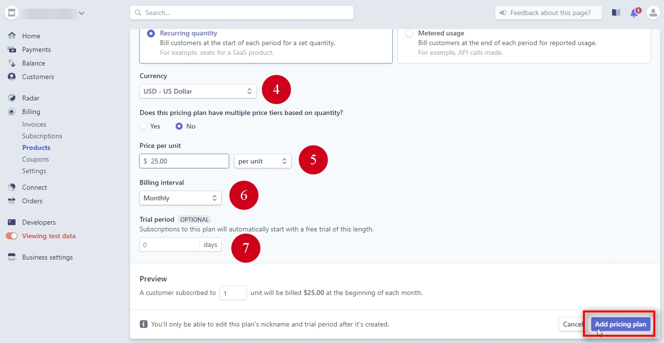 This time we set a monthly price of $25 USD because the third plan must be priced at 50% off. Click on Add pricing plan.