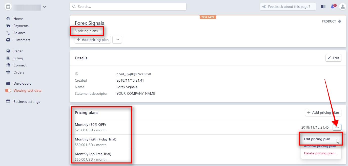 We've created three pricing plans in Test mode for a product Forex Signals. All pricing plans are visible on the product page now. If you ever need to edit plan parameters or delete a plan, click on the 3 dots icon next to the plan for options. IMPORTANT: If you change or delete a pricing plan which already has subscribers it might lead to unexpected errors. Best practice to remove a pricing plan is when all subscribers on this plan have their subscriptions canceled. If you edit plan parameters, make sure you edit Offer in Signal Magician accordingly.