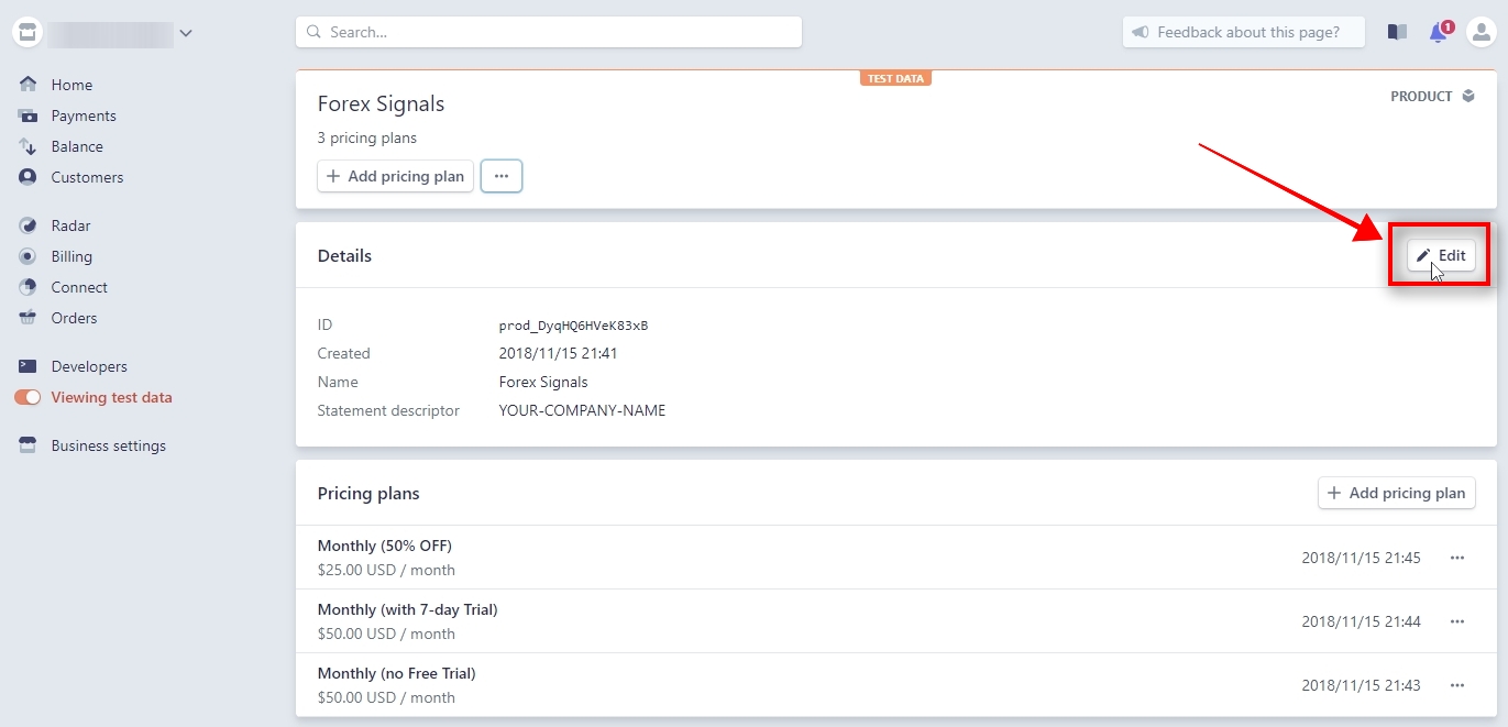 If you ever need to edit product parameters, click on the Edit button on the right side on the product page.