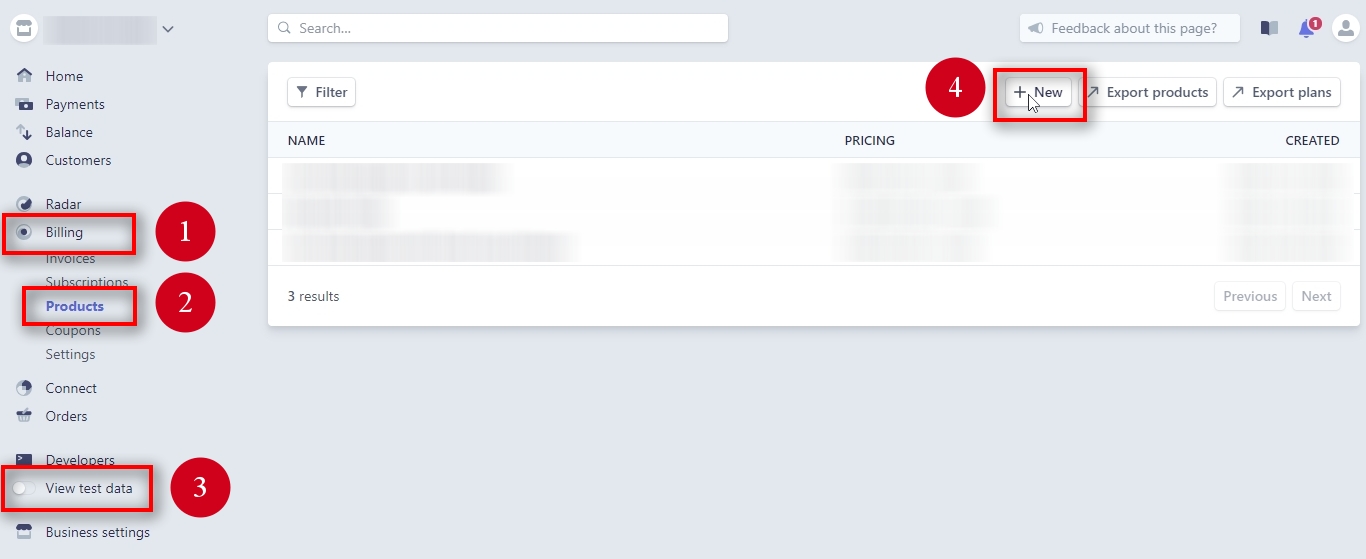 Create a product and pricing plans in Stripe LIVE mode To create products and pricing plans in a LIVE mode we need to open the Billing - Products page and switch OFF the Viewing test data mode. Make sure the Viewing test data switch in the left menu is NOT orange. Then, click the + New button on the upper right side of the page.
