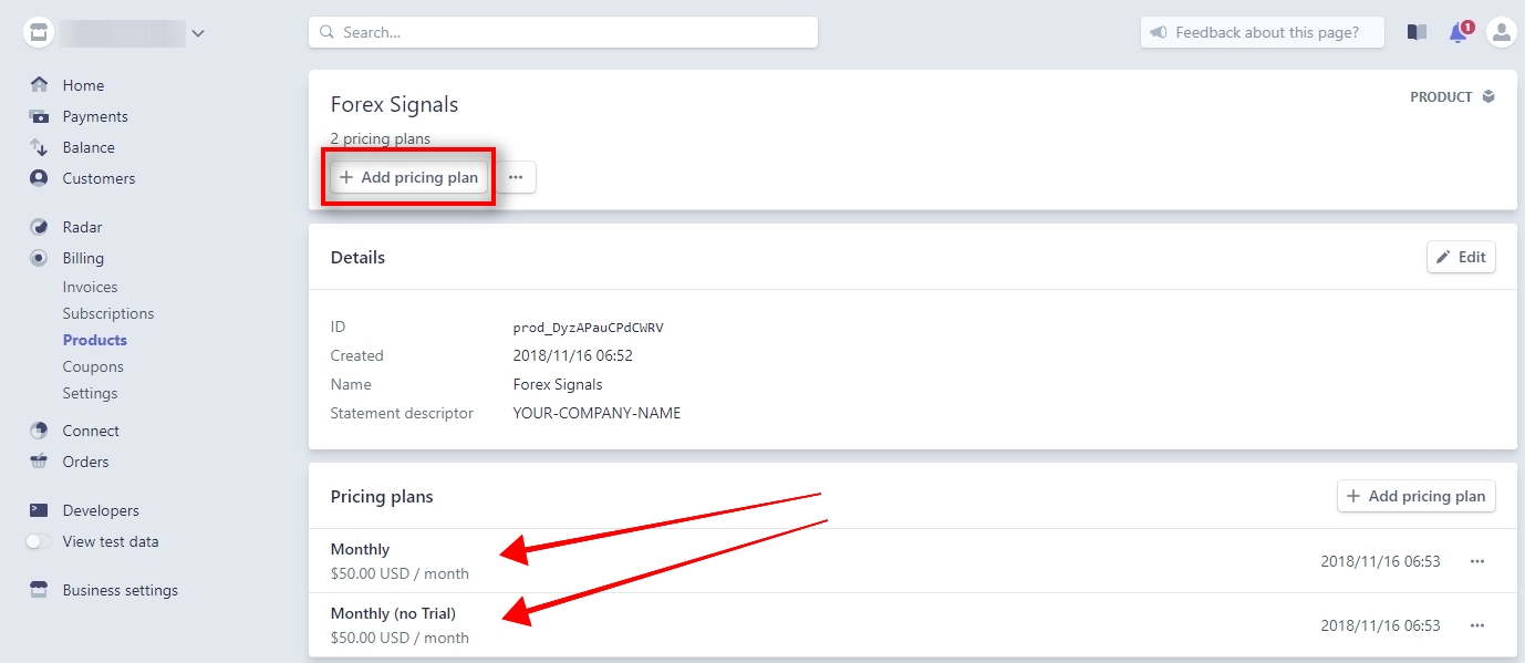 Now we have two pricing plans created in Live mode. Click on + Add pricing plan to create the 3rd pricing plan.