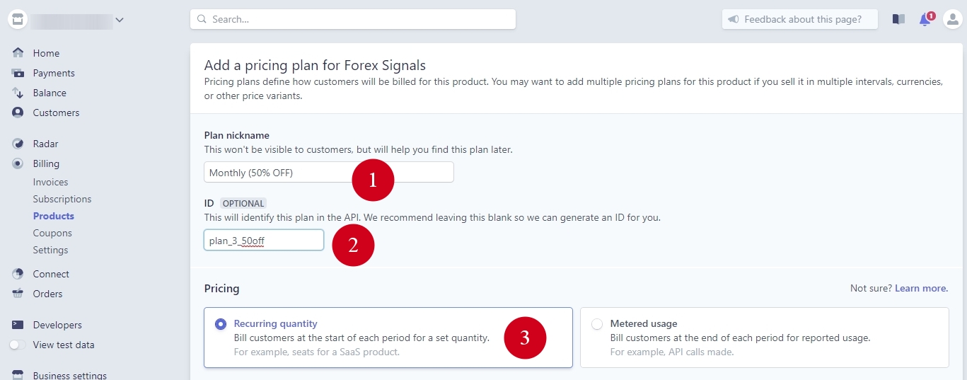 For the third pricing plan, we'll use a nickname Monthly (50% OFF) and an ID plan_3_50off to make it easy to remember.