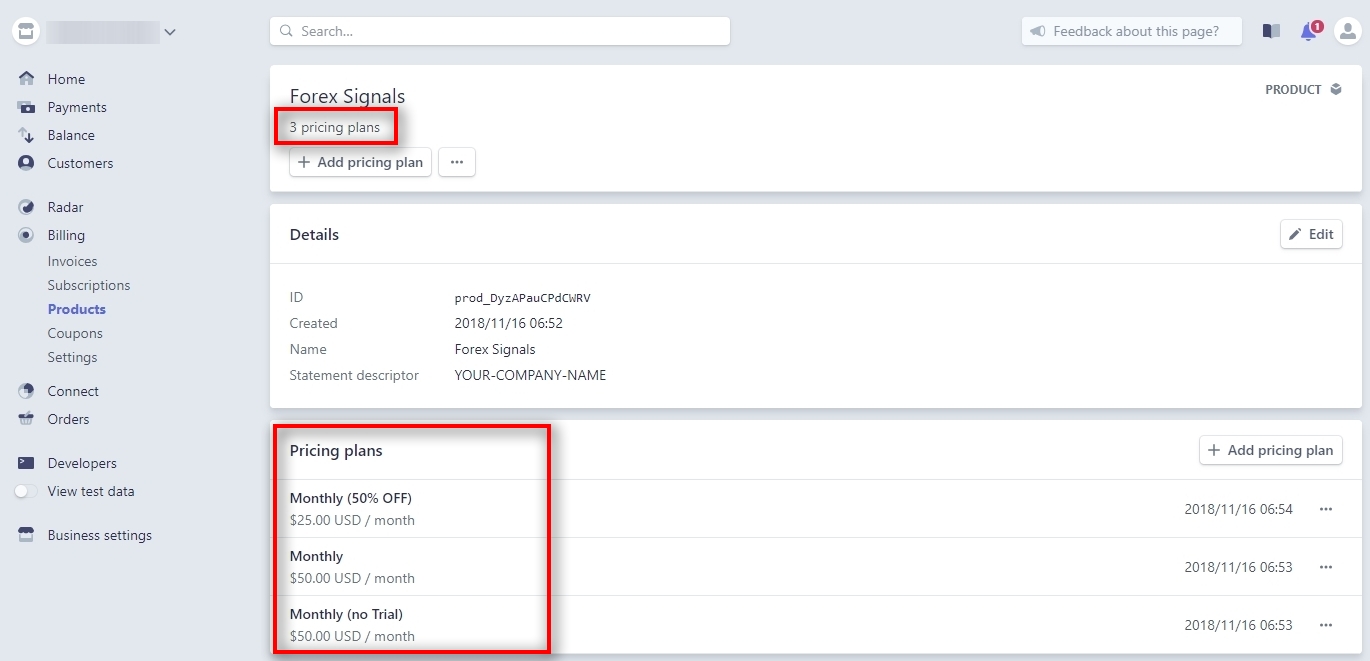 We've created three pricing plans in Live mode for a product Forex Signals. All pricing plans are visible on the product page now. IMPORTANT: If you change or delete a pricing plan which already has subscribers it might lead to unexpected errors. Best practice to remove a pricing plan is when all subscribers on this plan have their subscriptions canceled. If you edit plan parameters, make sure you edit Offer in Signal Magician accordingly.
