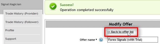 When the button is created click on Back to offer list.