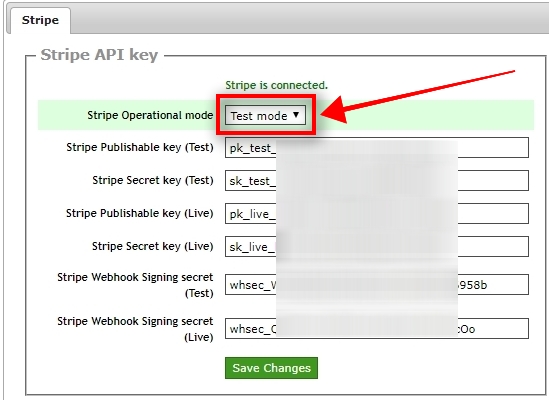 Make sure Test mode is enabled Before making a test purchase, make sure you have Stripe Operational mode set to Test mode. Next, to make a test purchase, we need to have a Test Credit Card Number. Stripe provides several of those, and you can read more detailed information about it here: Stripe test card numbers But for a simple, successful test purchase we are going to use the following information: Valid email address (username will be created by that email) Stripe test card number 4242424242424242 Any three-digit CVC code Any expiration date in the future