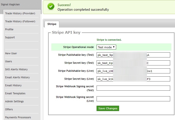 In the image above, Stripe Operational mode is set to Test mode. It means Stripe will use only test transactions with Signal Magician, and for such connection, Signal Magician will use Test API keys. Once we finish testing, we can switch to a Live mode. Then, Signal Magician will use Live API keys, and real money transactions will be available. When we click Save Changes, Signal Magician will save these parameters and enable Stripe Webhook listener. It allows Signal Magician to receive information from Stripe about purchases, cancellations, renewals, and refunds. But to make Webhook work we need to add it on Stripe. Also, important to note that Webhooks use Webhook Signing secret when transferring information between Stripe and Signal Magician. We need to input these secret codes to Signal Magician. Stripe will create these codes for us after we add Webhook URL.