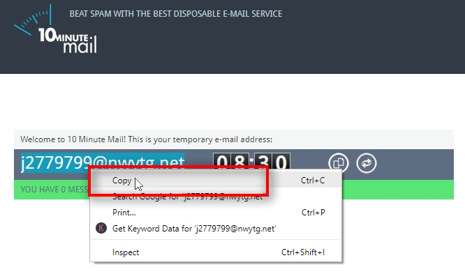 We will use 10minutemail.com to create a temporary email address for this test purchase. Copy the email address to the clipboard.