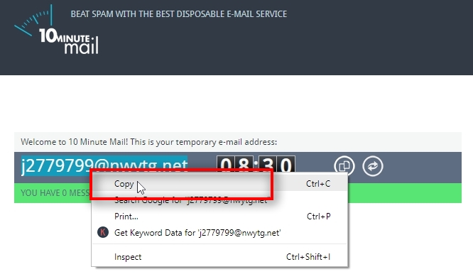  We will use 10minutemail.com to create a temporary email address for this test purchase. Copy the email address to the clipboard.