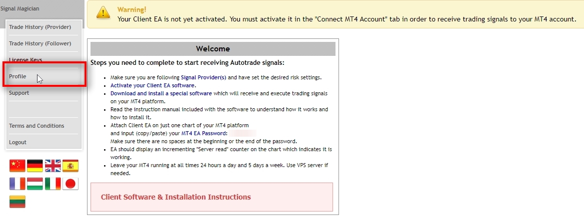 On the Welcome page, we see some important information and the next steps to take to start receiving trading signals from Signal Providers. Also, there's a download link to the Client EA software which also includes installation instructions.