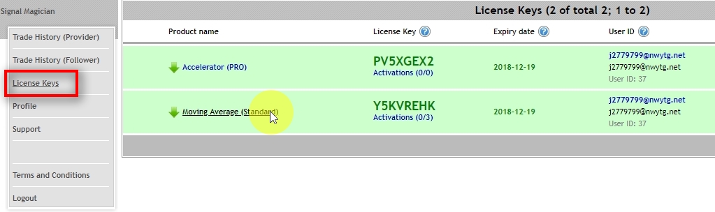 When a customer opens License Keys page, there will be download links and License Keys for all products available to him. In this example, there are two products which were included in the Offer activated by Plan ID plan_1_notrial. To download the software user must click on the product name and then enter the assigned License Key into the Inputs section when attaching the software on the MT4 chart.