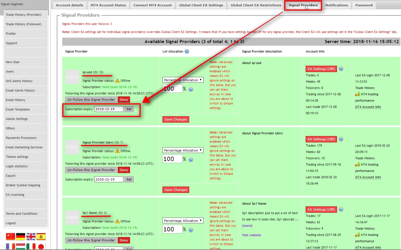 We switch to the Signal Providers section to see that all three Signal Providers were enabled. The expiry date is 1-month + 3 days in the future. Stripe will charge the user's account after 1-month. If it's a success, then the expiry date will be extended, and the user will continue using services without interruption. If Stripe isn't able to charge user's account after 1-month then after an additional three days the customer will lose access to these services.