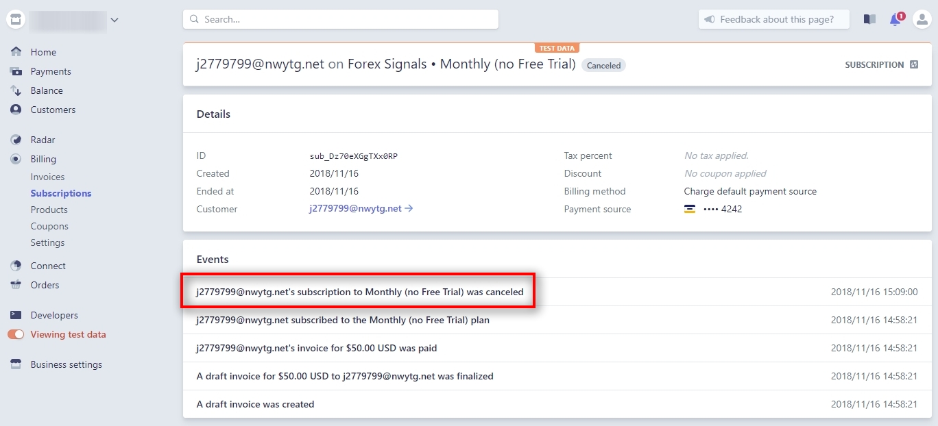 When the subscription is canceled, you'll be redirected back to the Subscription page. Take a look at the Events section. It will have an event logged saying that the subscription was canceled.