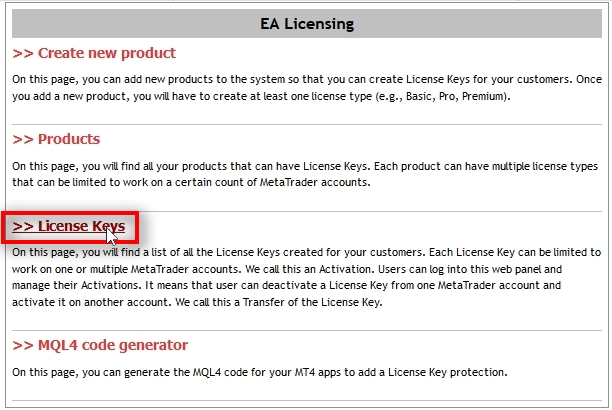  To make the experiment more interesting we'll create an additional License Key manually for the new user. Open the EA Licensing page and then click on License Keys.
