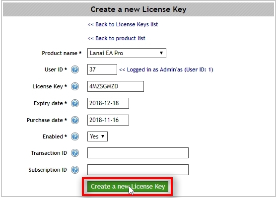 Let's choose to create Lanai EA Pro License Key. Click on Create a new License Key button.