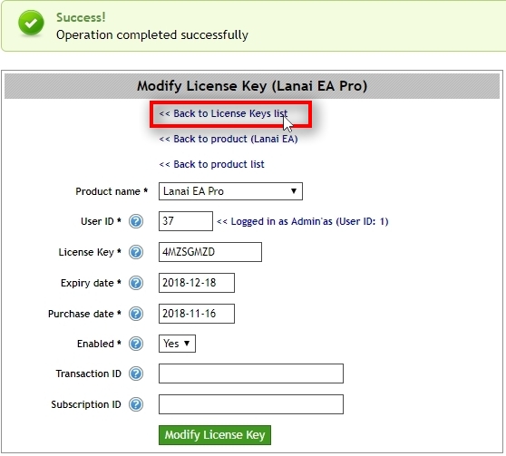 When License Key is created click on Back to License Keys list.