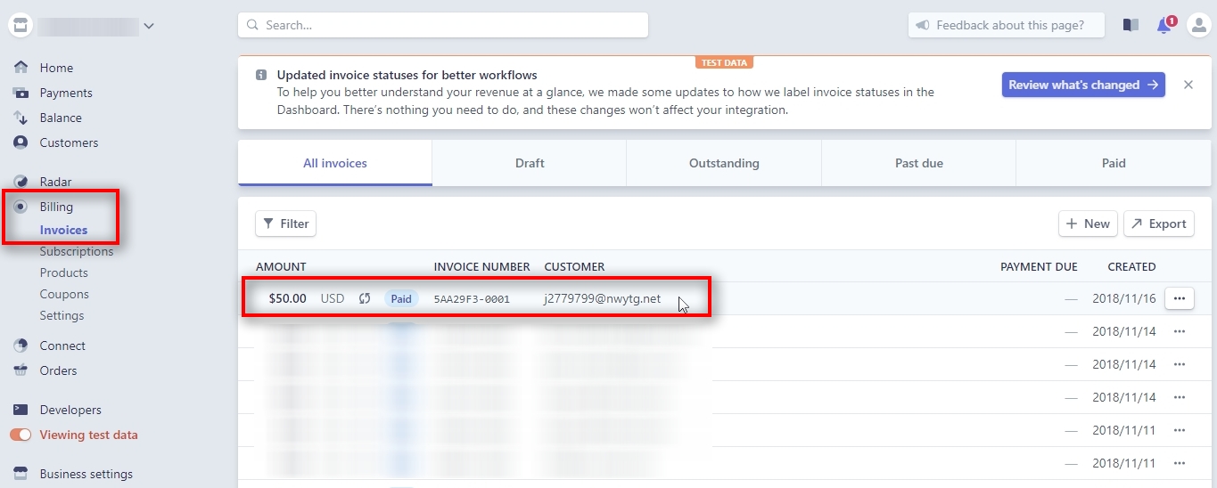 Go to Billing - Invoices from the left menu in your Stripe account. There you'll find all invoices from all customers. It is not payments, but invoices. We need to click on the invoice first to get to the list of payments. Note: If the payment happened some time ago and it does not appear here on this page you can use a search box at the top to find it (explained later in this tutorial).