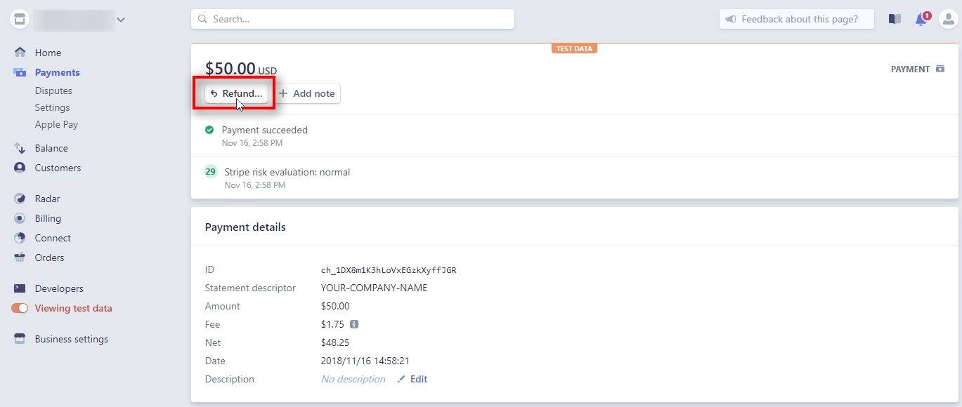 Click Refund when on the Payment details page.