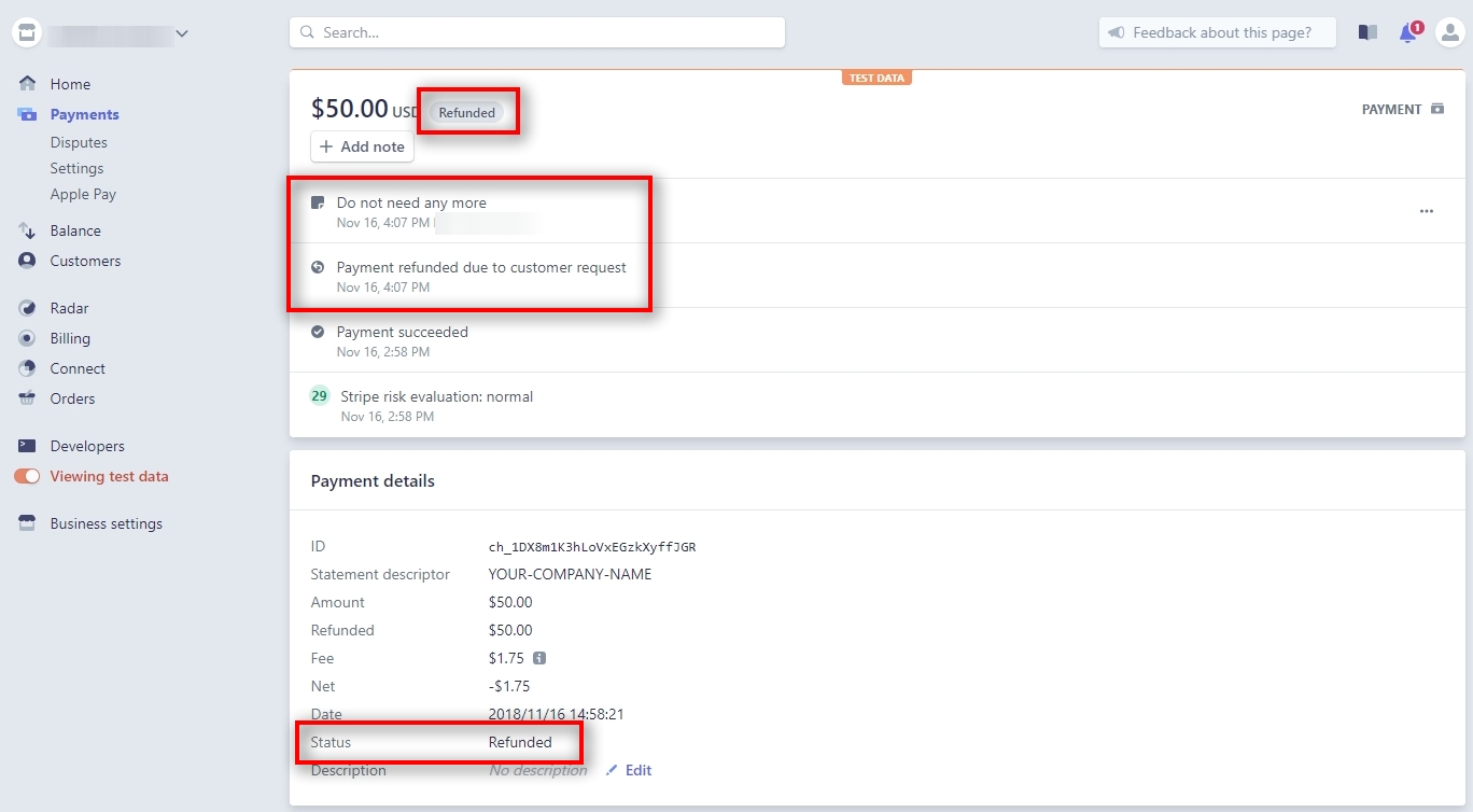 Once the refund is processed, you'll see Payment details page reloaded. The payment will show status Refunded.