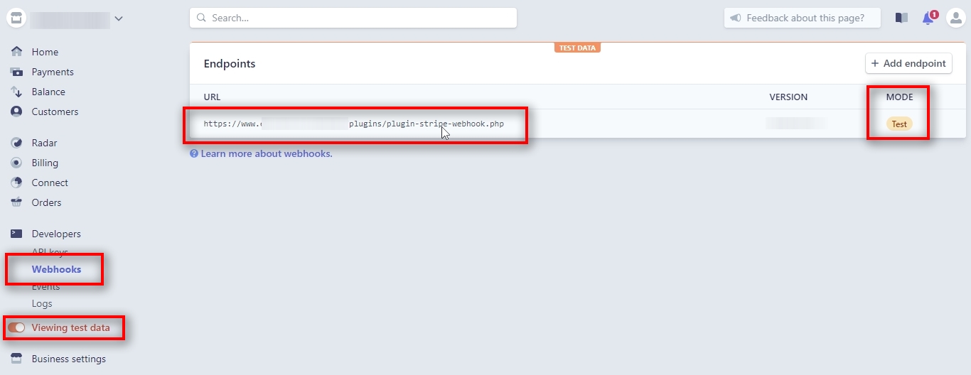 Copy Webhook Test Signing secret code to Signal Magician After both Webhook URLs are added on Stripe, we need to copy and paste Webhook Signing secret codes to Signal Magician. In the Developers - Webhooks page we see a Webhook URL we've just added and in the 3rd column it says Test. We click on that URL to open its properties.