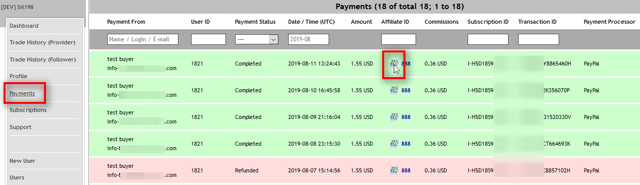 The list of payments In the list of payments, you can see all the payments and refunds. If the payment came through an affiliate link, you could see an Affiliate ID, and the commissions amount too.
If you click on the Profile icon next to the Affiliate ID, you'll be taken to the Profile page of the particular affiliate partner.
