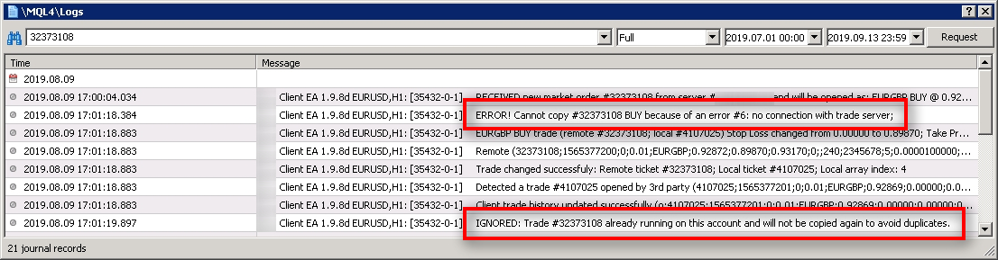 A quick search by a trade number reveals there was no connection with the broker trade server at around 17:01:18.
It says the trade was not copied, but actually, it was.
Sometimes this happens when there are connection problems to the broker server. The broker server receives a request to open a trade, broker opens a trade, but then fails to send the confirmation back. It makes Client EA think the trade did not copy.
But as you can see, on the second attempt to copy that trade the Client EA ignored it. It turns out that the broker executed it already even though the confirmation did not reach the Client EA a moment ago because of the connection issues.
Client EA has multiple smart algorithms to detect and avoid duplicates.
Client EA can ignore the trades for various reasons such as:
- The trade is already running on this account and will not be copied again to avoid duplicates;
- Instrument (currency pair) does not exist on the client account;
- Instrument (currency pair) is not on the Market Watch list, and Client EA fails to enable it. It rarely happens, but in such a case, MT4 does not allow the EA to open a trade for that instrument. You'll have to add the instrument to the Market Watch list manually yourself if you find such error;
- Client EA is set not to accept new trades from a particular Signal Provider;
- External trade filter(s) for that instrument are enabled and prevented a trade copy;
- Trading session filter or a Daily time filter is enabled and prevented a trade copy;
- Client EA is set not to copy positions from certain weekdays;
- Client EA is set not to copy certain positions type (i.e., not copy BUY trades);
- Client EA is set not to trade a particular instrument (currency pair);
- Client EA is set to have a limited number of trades;
- Price deviation of X pips prevented the trade from being copied. For example, a maximum price deviation of 10 pips will not allow copying a trade which is 15 pips away from the open price;
- Broker does not allow lot sizes smaller or bigger than X;
- Client EA is set to ignore the trades smaller or bigger than X;
- Client EA is set to ignore the trades with an SL or TP bigger or smaller than X pips;
- Client EA is set to accept trades only with specific magic numbers;
- Client EA is set to accept trades only with particular trade comment;