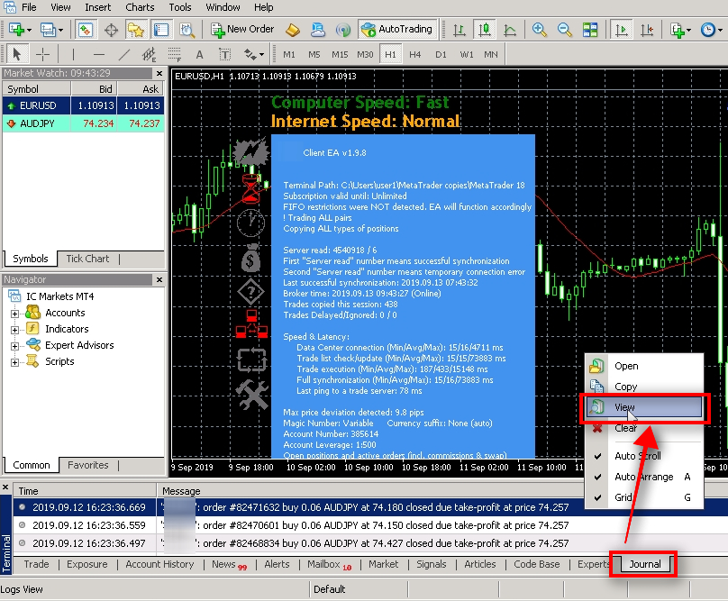 Another place where you can find error messages is the Journal tab.
These messages are from the broker server or the MetaTrader 4 platform. Expert Advisors cannot print messages to the Journal tab.
Switch to the Journal tab at the bottom of MT4, right-click on any message and choose View.
