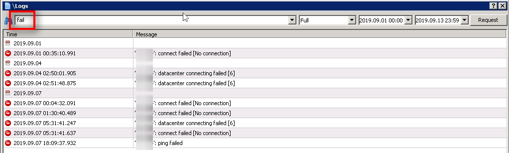 Find messages with the word fail The Journal log window is called \Logs.
It is different from the previous window we've been using to find log messages.
I set the date range from 1st of September and search for the word fail.
I get a few results which tell me when exactly MT4 lost connection with the broker server.
None of those happened on the 12th of September, so I'll look for something else.
We never know the reason for connection issues, but it might be one or a few of the following:
- Internet connection problems on the VPS server;
- Internet connection problems on the broker server;
- Internet connection problems somewhere in between our VPS and broker server. There might be one or even ten other servers in between your MT4 and broker trade server (usually called hops by network administrators);
- VPS server overload;
- Broker server overload;
These reasons are out of our control. But we can improve the situation by choosing another VPS server location.
Ask your VPS provider if they can offer you another server location to be as close as possible to your broker trade servers.
For example, if your clients are trading with IC Markets, which have their servers in New York, but you host client MT4 platforms in Europe, there's a higher chance for connection problems.
It does not mean that there won't be any problems if you host your client MT4s in New York next to the IC Markets server. No one can guarantee that, but there'll be fewer chances for network failures.
