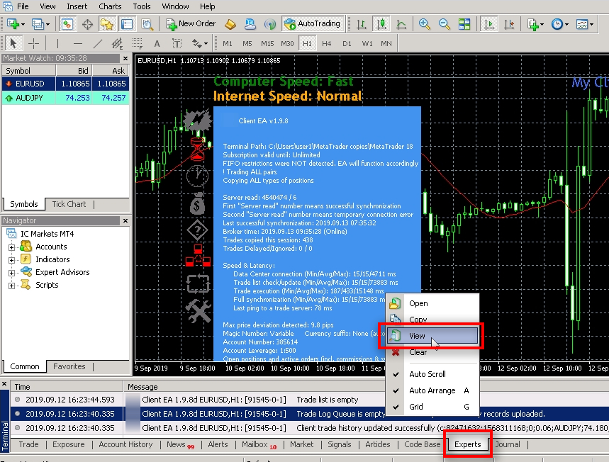 Open Experts Log To find out the reason why a trade was missed or delayed you will have to check Experts Logs for that particular MT4 account.
At the bottom of MT4 switch to Experts, right-click on any message and choose View from the menu.