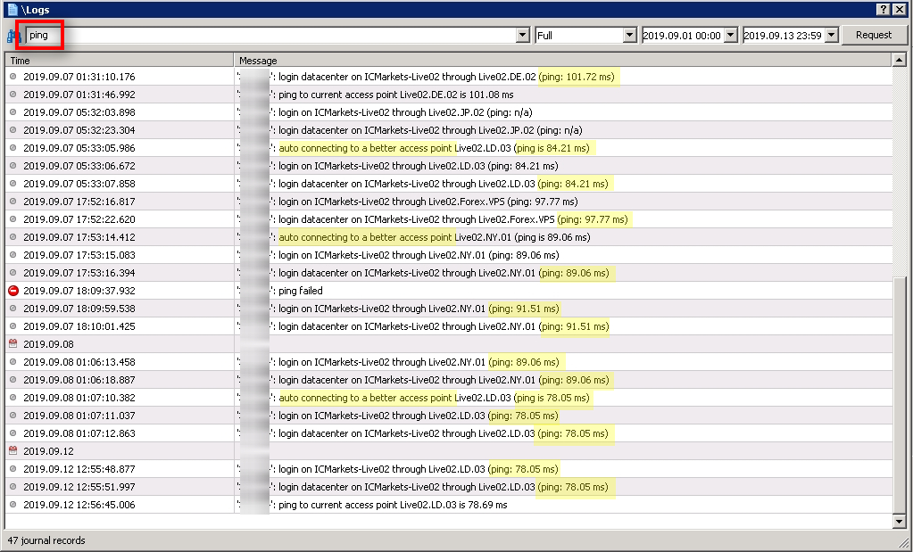 Find messages with the word ping If I search for word ping, I see the latency of access points that MT4 connected to.
The access point is also known as data center, broker server, or trade server. In other words, it's a server on the broker side which accepts all trading request from MT4 and Expert Advisors.
I can see that mostly the ping is around 100 ms or less. It is always good to have a ping as small as possible, but if you are not scalping, then anything below 100 ms is considered reasonable.
The ping will get lower if you move your VPS server closer to broker servers.
Another interesting thing to note is that MT4 auto-connecting to a better access point automatically. That's a good thing, but this raises additional questions about what happens during the re-connection to another access point.
What if EA sends a new trade to the broker at the very same time?
Will it get delayed?
Will EA get a timeout?