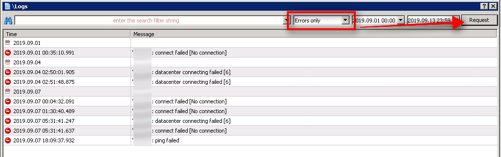 Display only error messages Journal log window also allows you to filter through error messages only.
It is the fastest way to see errors in the Journal log.
However, none of these errors happened on September 12, so they are irrelevant to my case today.