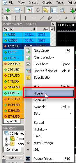 To improve MT4 performance, you need to lower the resources it uses.
One of the fastest ways to do this is to hide unnecessary instruments from the Market Watch.
In the above image, there are several hundreds of instruments on the list, and a few times every second, MT4 downloads new price information for all of them (Bid, Ask).
If you are using only 5 or 15 instruments from that list, why you let MT4 waste its resources to download and display the information for other 300+ instruments?
And if 32 terminals are running on the VPS server, then there are 32 x 300 = around 10,000 unnecessary instruments to receive the same information many times every second.
Don't waste computer resources like that and hide unnecessary instruments.
It is effortless to hide the instruments from the Market Watch window.
Right-click on any instrument from the list and click on Hide All. MT4 will hide all instruments except the ones that you are currently using.
When a new trade arrives at the Client EA, and there's no such instrument on the list, the Client EA will automatically enable it and copy the trade.
By hiding unnecessary currency pairs from the Market Watch, you'll drastically increase available resources on the server and MT4 will consume less CPU power.
It means fewer chances for delays, missed trades, slippages, etc.
