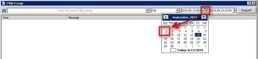 Choose a date range When Experts Log window loads, you'll see its name \MQL4\Logs.
It is where all messages from Expert Advisors are stored, and you can search through them in this window.
First, choose the date range.
A customer had a complain that one of the AUDJPY trades is missing on his MT4 account, but we don't know which one. All we know is that it happened this week, and for some reason, Client EA did not copy that trade.
We'll set the date range for the last two weeks (approximately).