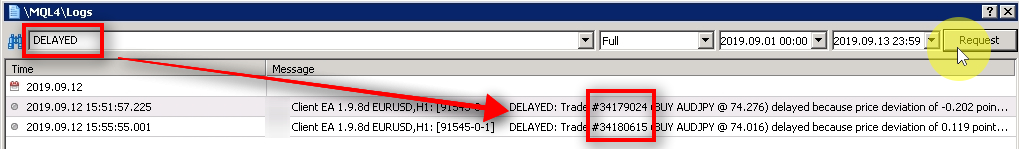 Find messages with the word DELAYED A search for DELAYED gives me two results. Now I have two trade numbers from the master account to look into.
Reasons why Client EA can delay the trades:
- Price deviation is too big. For example, max allowed price deviation is 10 pips, but the trade is already 15 pips away from the open price;
- Broker does not permit to place a trade because the entry price is too close or too far from current market prices (Ask/Bid). The broker sets minimum allowed distance;
- FIFO restrictions on U.S. trading accounts when there is another trade already running on the same instrument but in the opposite direction;
- The market is closed, or the broker is performing a rollover (usually happens at midnight and might take from 1 to 20 minutes);
- Followers are allowed to copy particular SP trades only when SP account is in a drawdown of X%;
- Client EA is set to delay all pending orders for X seconds;
- Client EA is set to delay all pending orders without SL/TP for X seconds to place them in one take;
- Client EA has a filter of max trade count enabled, and the limit is reached;
- Stop loss is not set yet on the master trade, and Client EA is set to risk X% per trade. EA needs to know stop loss to calculate lot size for the trade risking X%;
- Account equity is below X and the Client EA has this filter enabled;
- Margin limit of 70% was reach and the Client EA has this filter enabled;
- Client EA is set to accept only the trades with a minimum SL/TP size of X pips, and it is currently too small on the master side;