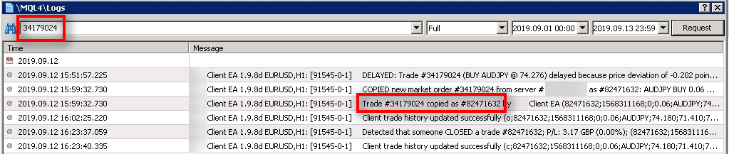 I search for more messages related to the master trade #34179024, and I see that Client EA copied it as #82471632 on the client MT4 account.
Let's look for more messages about the #82471632 client trade.