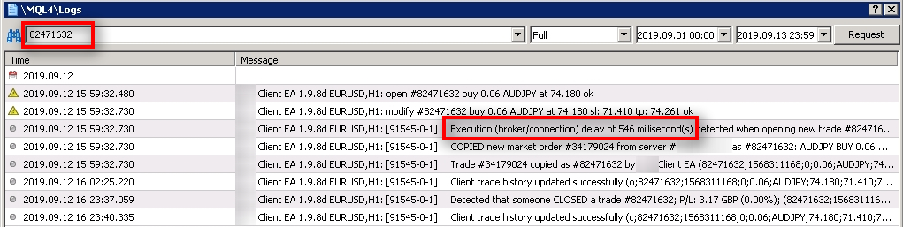 In the search for messages related to #82471632, I get the additional information and also see that it took 546 ms to execute a trade. It is how much time it took a new trade request to travel to the broker server and get a confirmation back.
I would typically expect to see this below 100 ms, but 546 ms is not a disaster.
All is fine here. Client EA copied this trade. Now let's take a look at another trade from the SP.