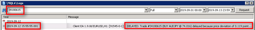 A quick search for messages related to the master trade #34180615 reveals that it was delayed because of the maximum allowed price deviation of 10 pips. In this case, it was 11.9 pips. It means that at the time Client EA received this trade, the market was already 11.9 pips away, and it was too late to copy it.
In such case, the Client EA will wait for the price to get back into the allowed deviation range and then try to copy a trade.
However, for this trade, it never happened. The market did not return to this price, and the Client EA never got a second chance to copy this trade.
While it is not a pleasant experience to have missed trades, it is essential to understand that it is an inevitable part of trading.
We cannot expect that the software will copy all trades. It is the same as we do not expect every trade to be a winner.
Think of it like when the airlines lose luggage. There's always some small percentage of baggage that gets lost.
In copy trading, there is always a possibility for various issues like:
- Internet connection problems;
- Broker delays;
- High volatility in the markets which results in high spreads and slippages;
- Computer or VPS server overload (temporary or permanent);
- Broker connection timeouts;