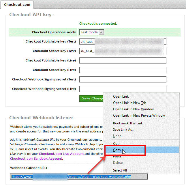 Copy Checkout.com Webhook listener URL