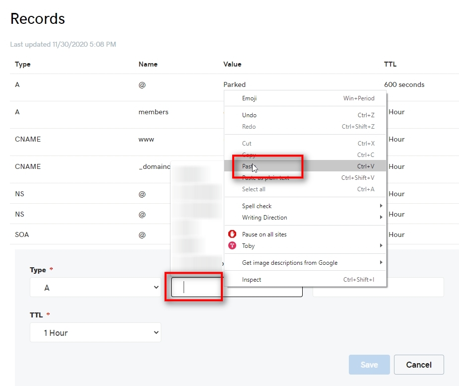 On my domain control panel, after I clicked on ADD, a few input fields appear where I can create a new DNS record.