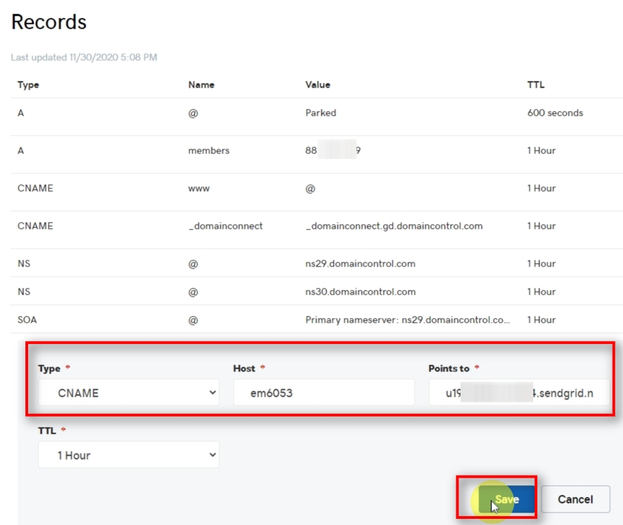 Type: CNAME. Click SAVE to create the first DNS record.