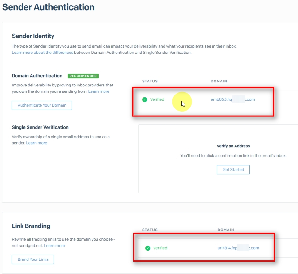 Once you complete the verification and Sendgrid finally finds your DNS records, you'll see the status change to Verified for Domain Authentication and Link Branding.