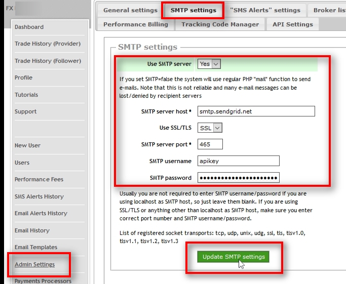 Now switch to your SM control panel and go to the SMTP Settings tab on the Admin Settings page.