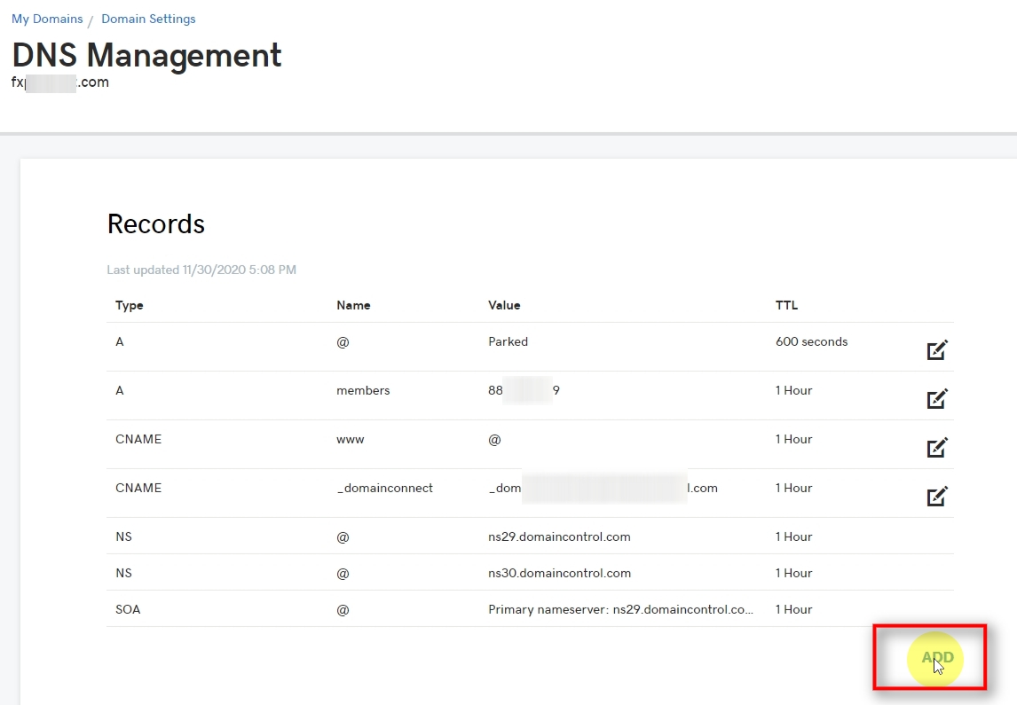 On the DNS Management page, you'll usually see lots of items, numbers, etc. To create a new DNS record, you need to click on the ADD button.