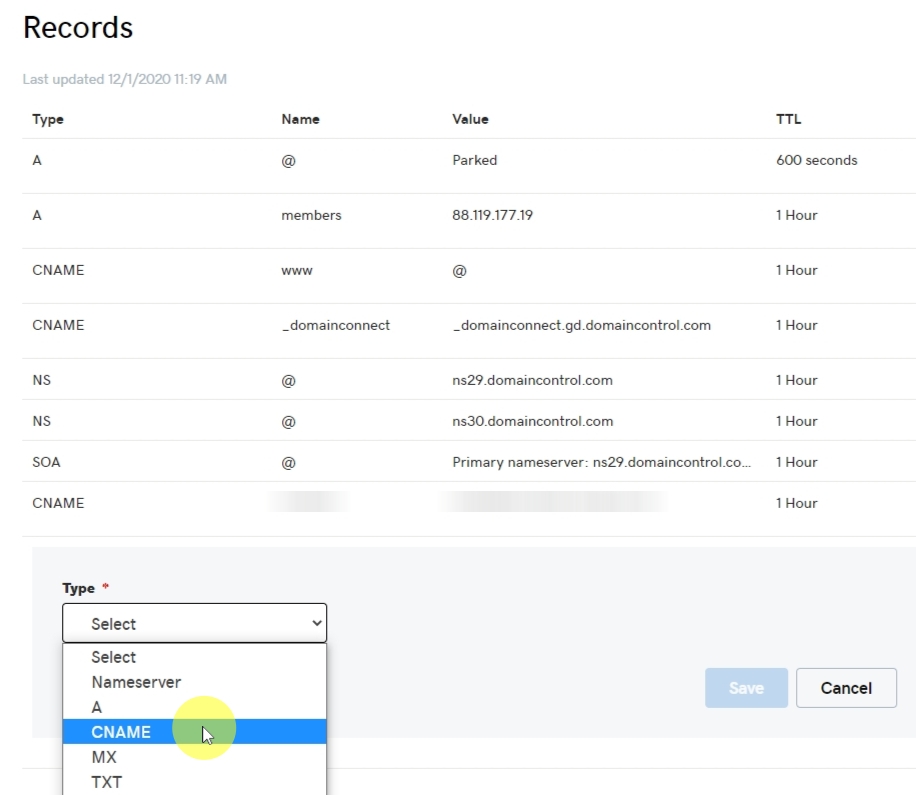 All DNS records we need to create must be of CNAME type. So that's what we choose.