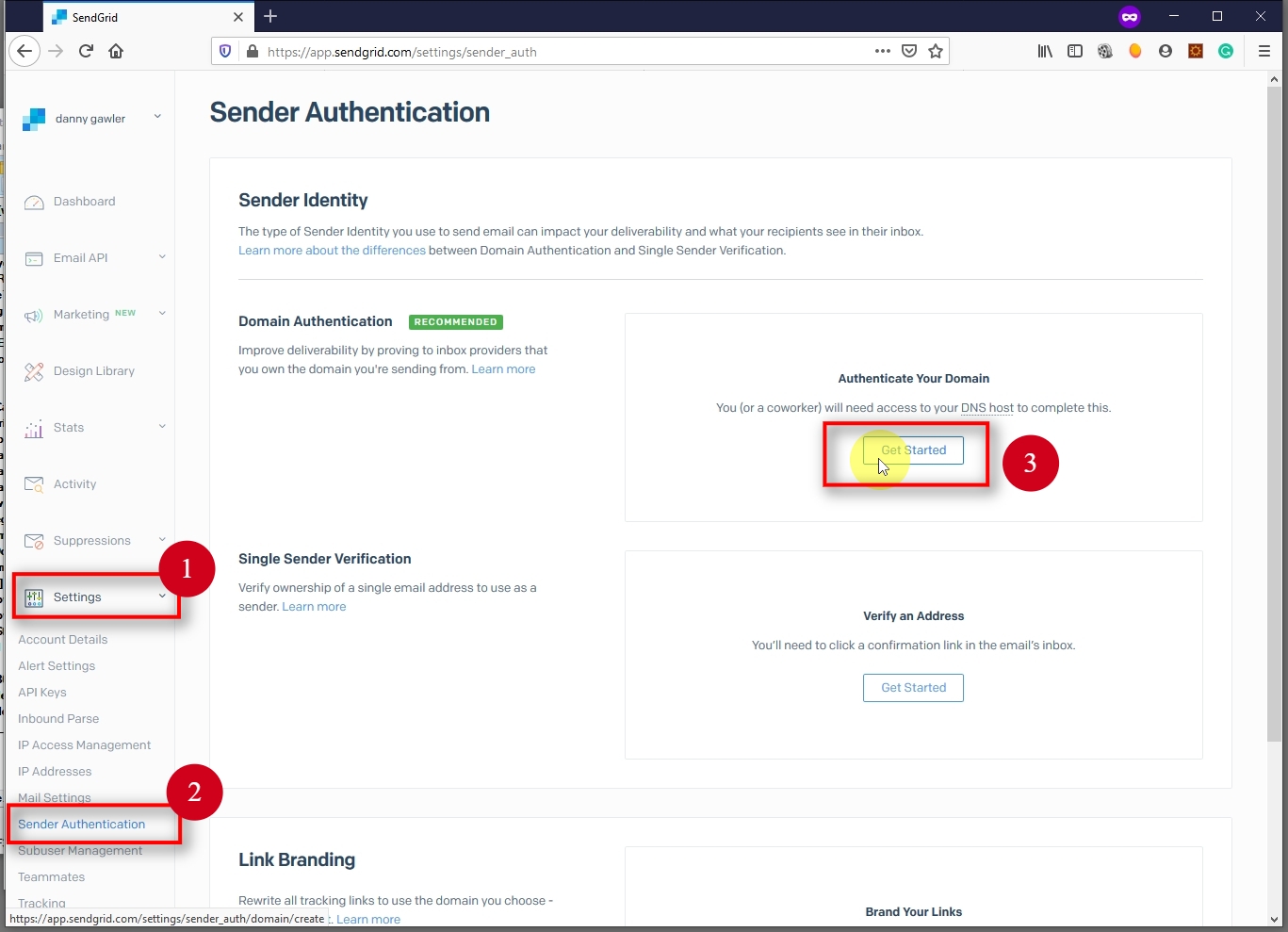 In your Sendgrid account, go to the Sender Authentication page. Then, click Get Started in the Authenticate Your Domain section.