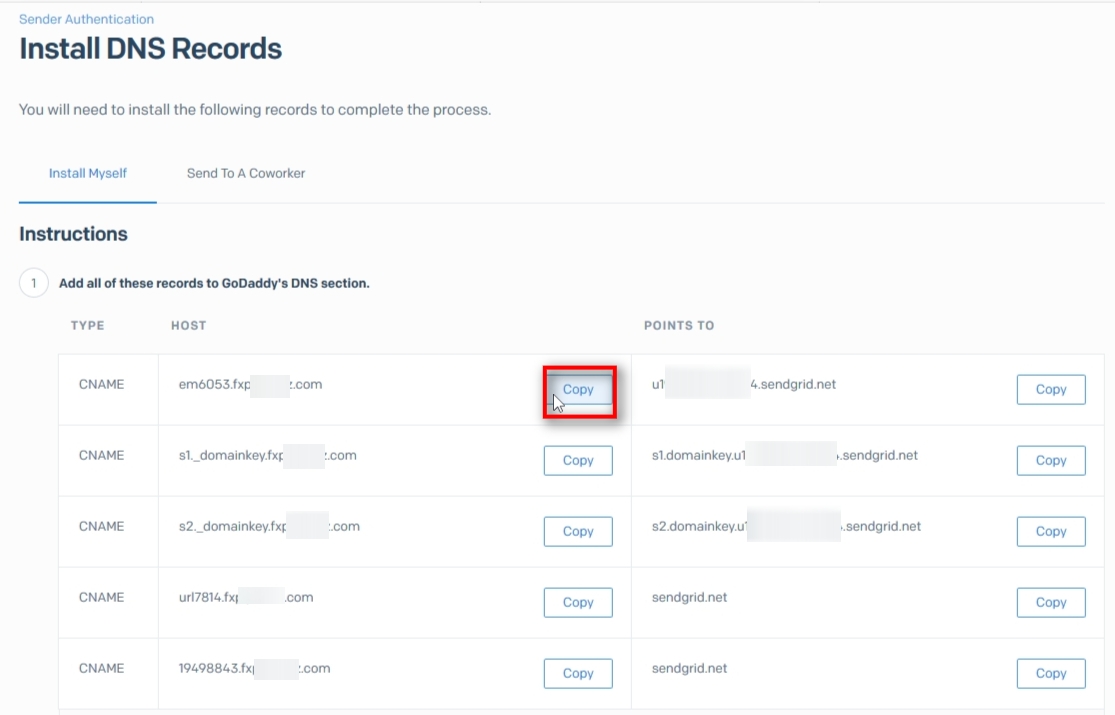 Add all required records to your DNS On the Install DNS Records page, Sendgrid gives us two options.